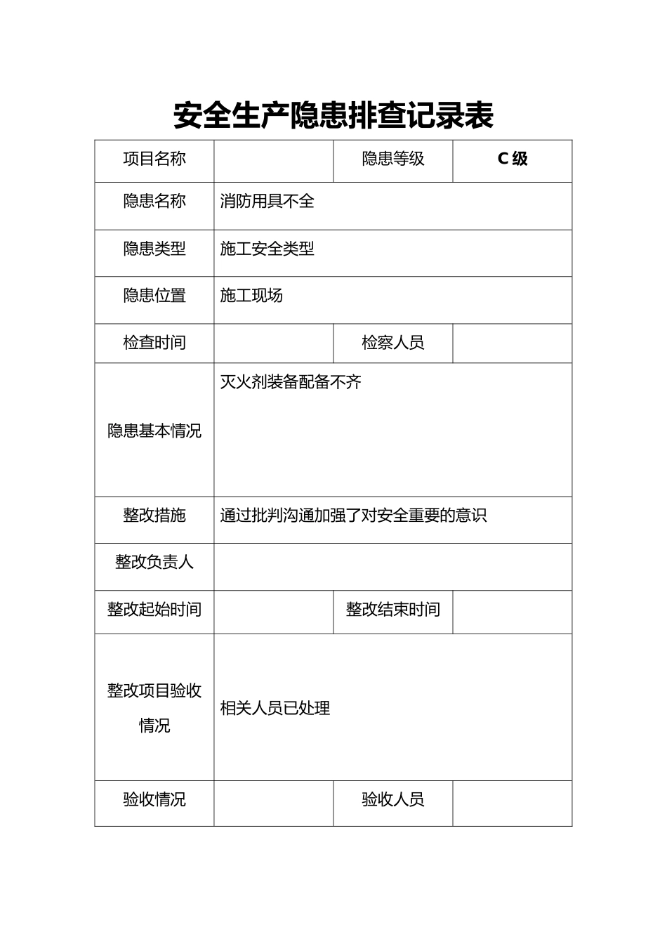 安全隐患排查记录文稿表_第1页