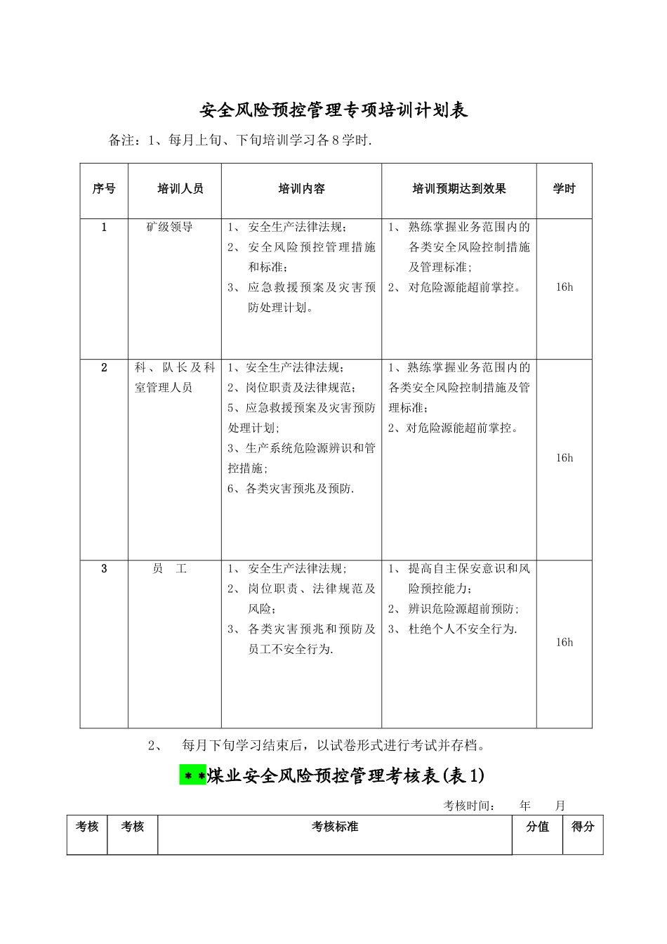 安全风险预控管理专项培训计划表_第1页