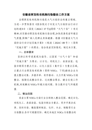 安徽省挥发性有机物污染整治工作方案
