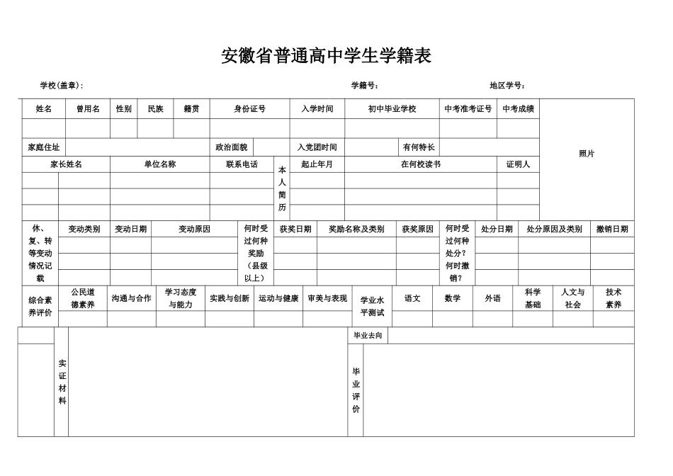 安徽省普通高中学生学籍表_第1页