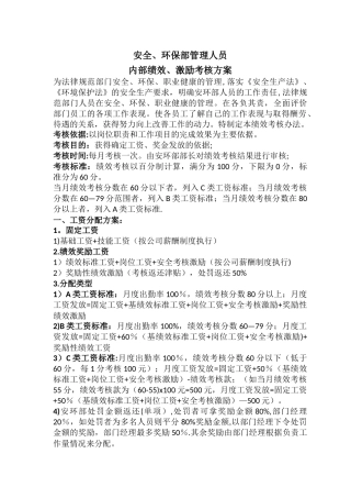 安环部内部绩效激励考核方案