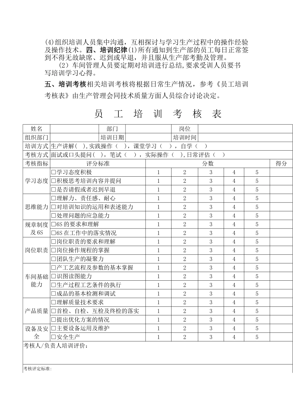 完整车间员工培训计划及培训考核表_第2页
