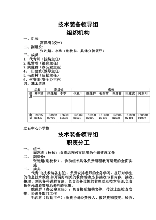 实验、教研教学、管理机构工作领导组及职责分工