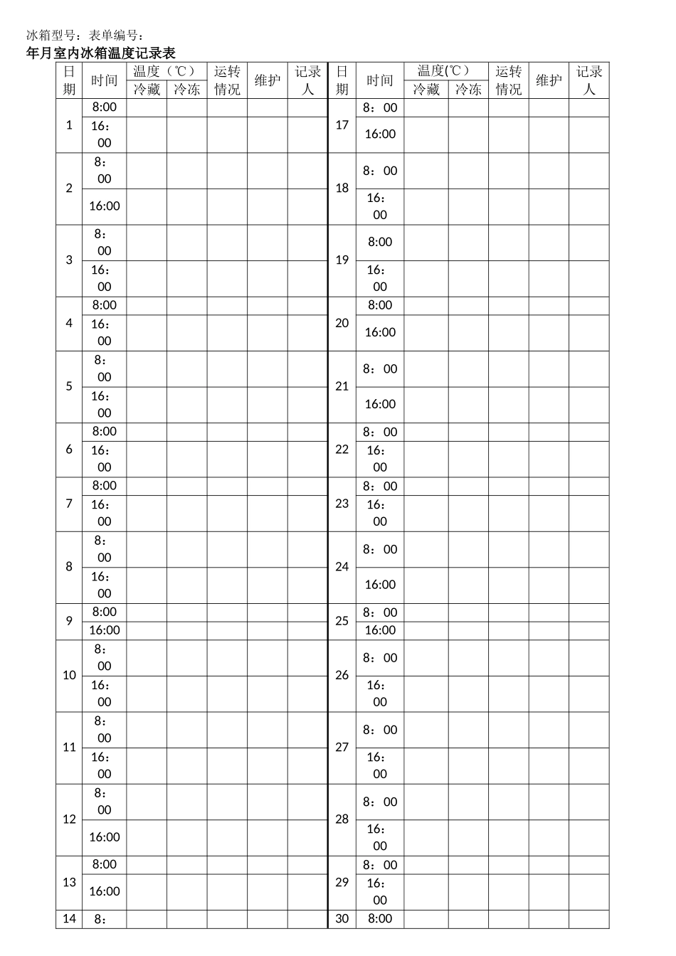 实验室冰箱温度记录表_第1页