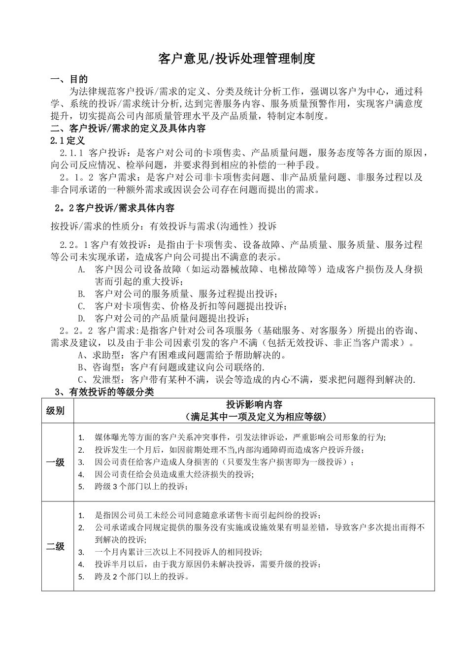 客户投诉处理管理制度(包含流程及客户投诉表)_第1页