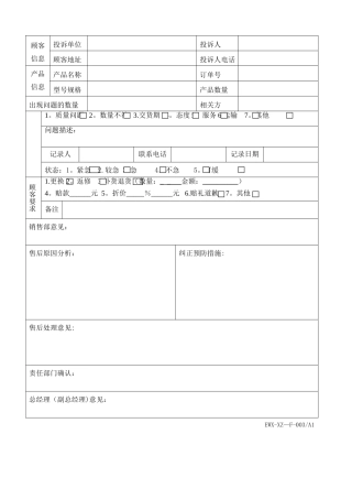 客户服务投诉表