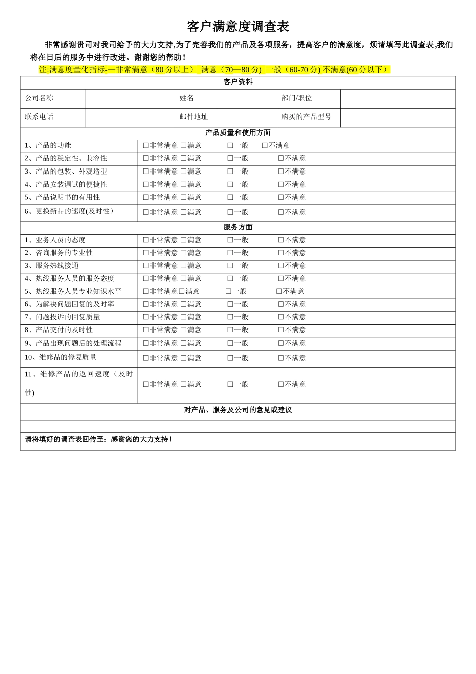 客户满意度调查表模板-客户满意程度调查表_第1页