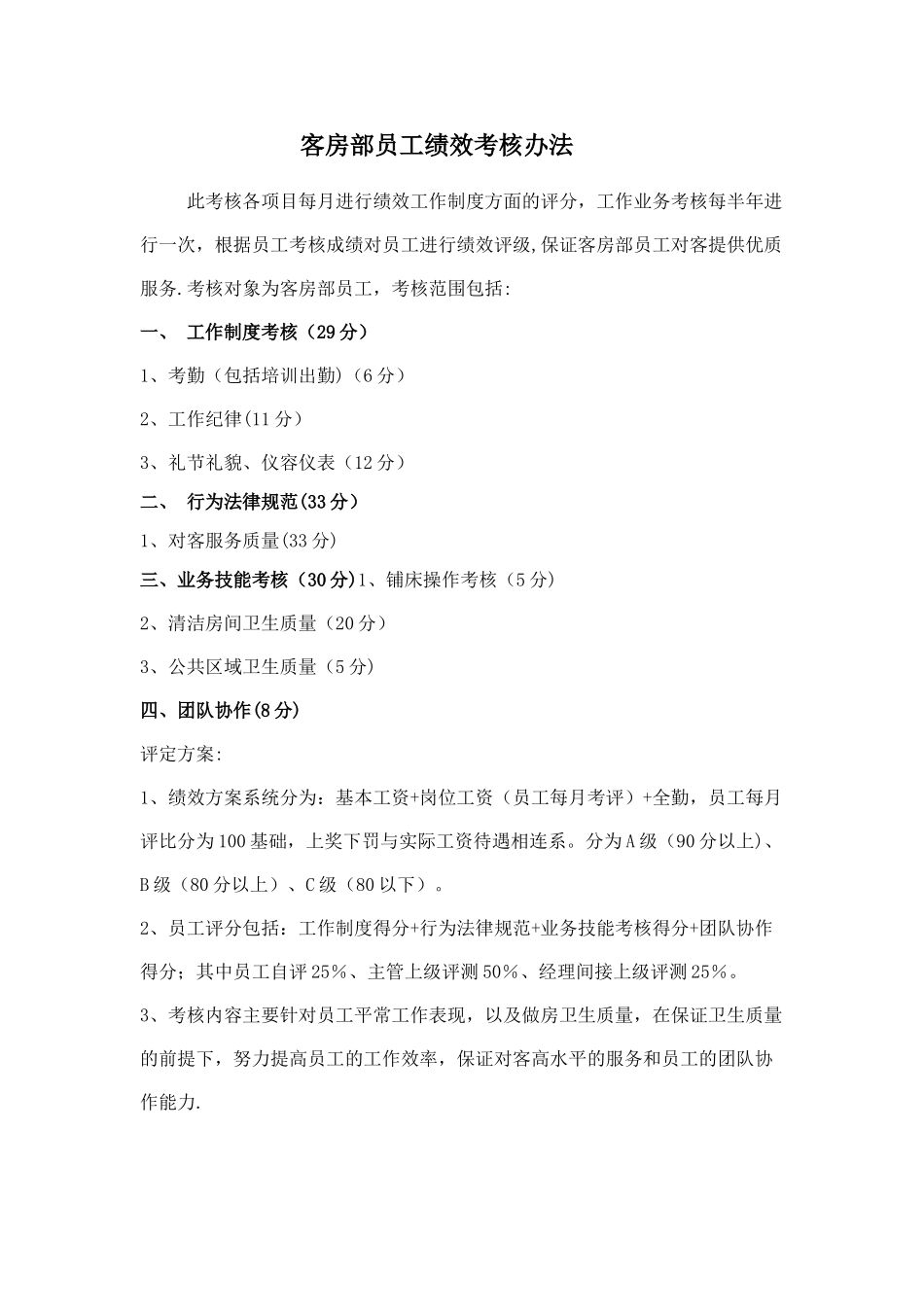 客房部员工绩效考核方案_第1页