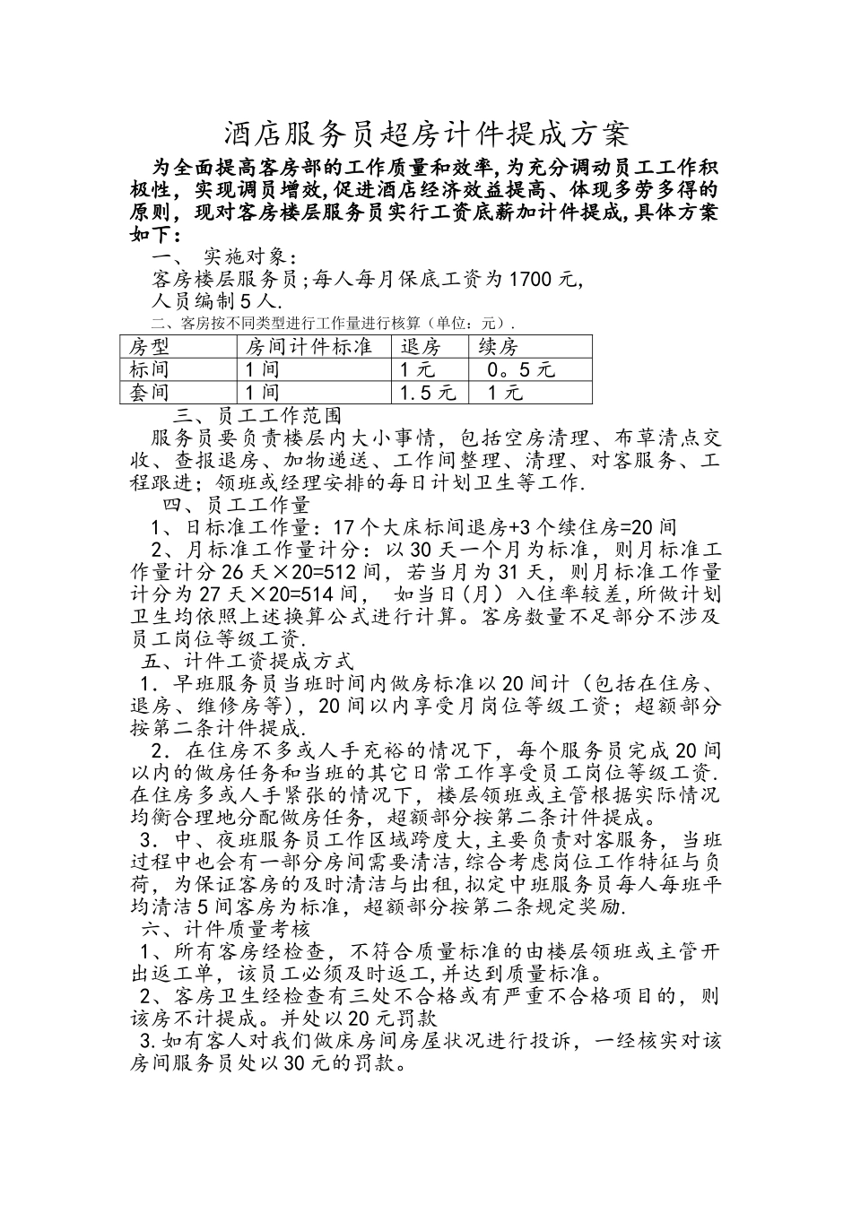 客房部服务员提成方案_第1页