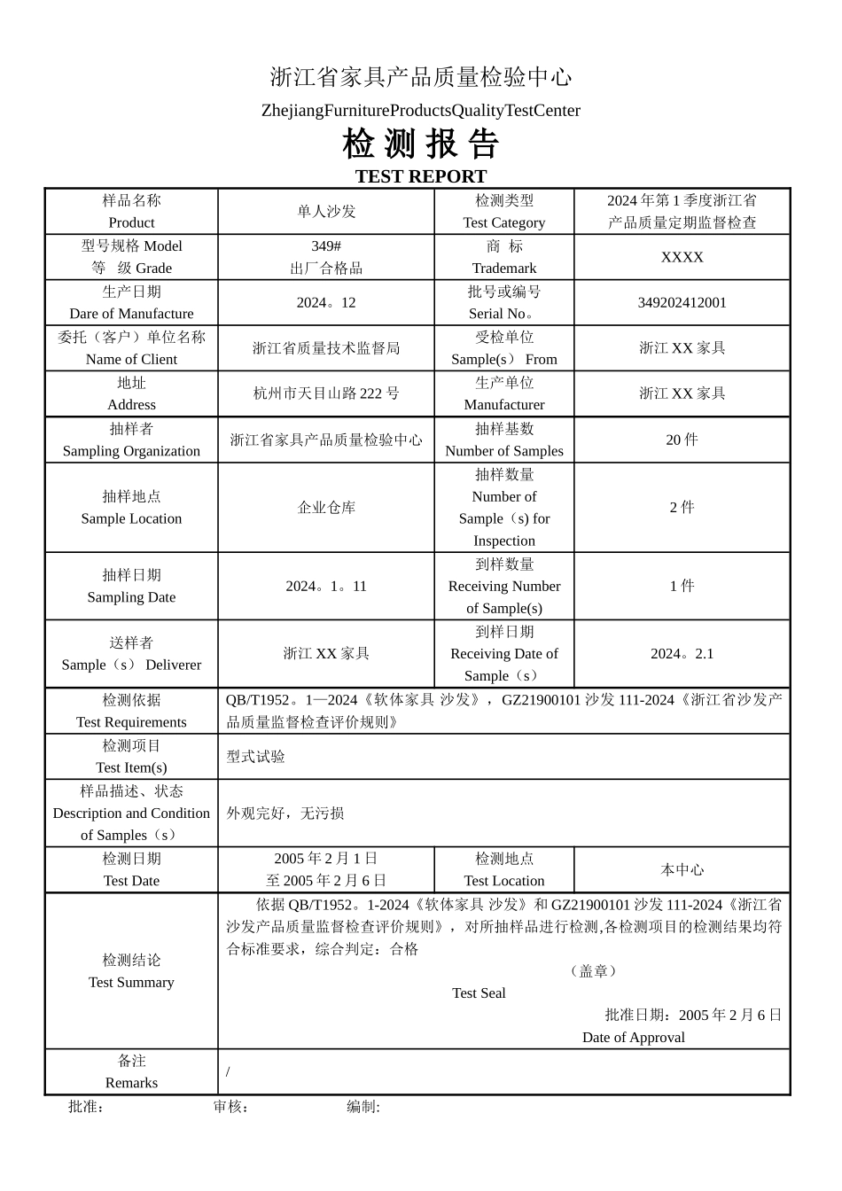 家具产品质量检测报告模板_第1页