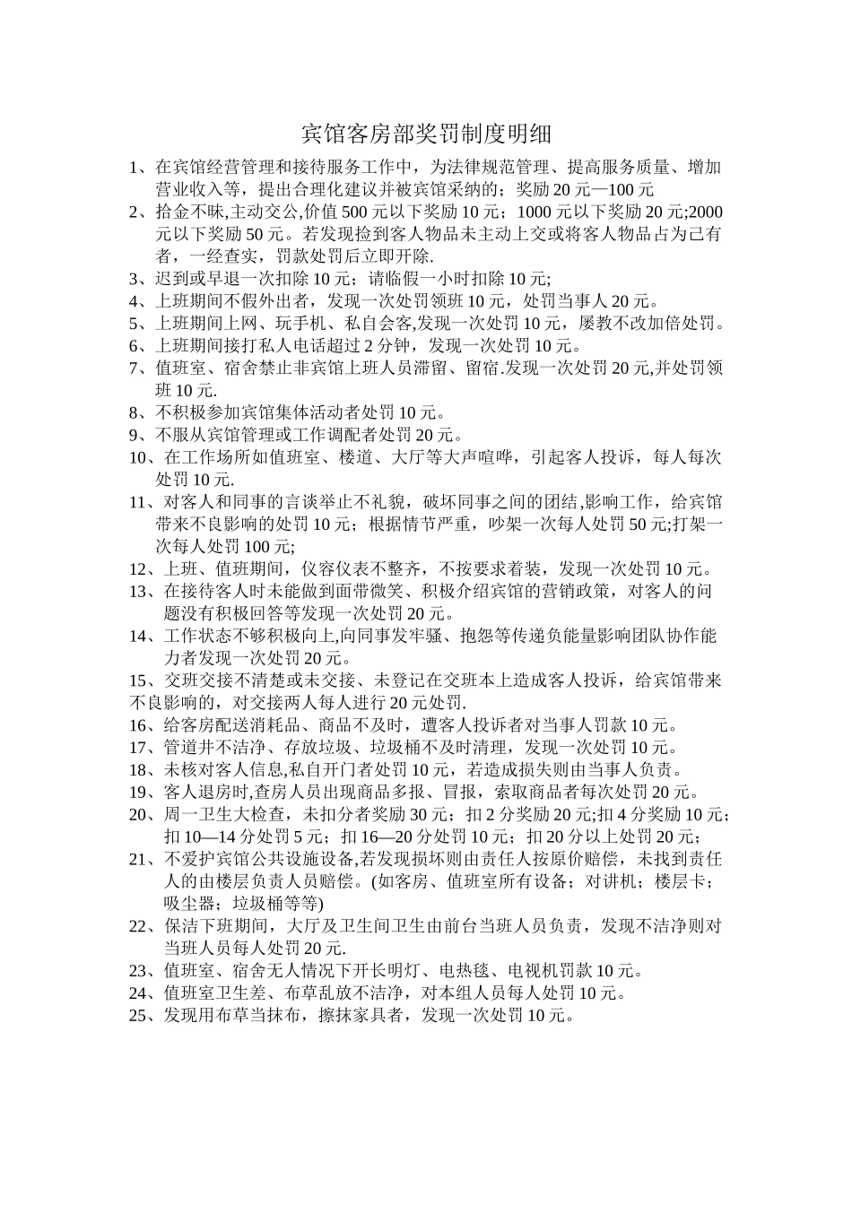 宾馆客房部奖罚制度明细_第1页