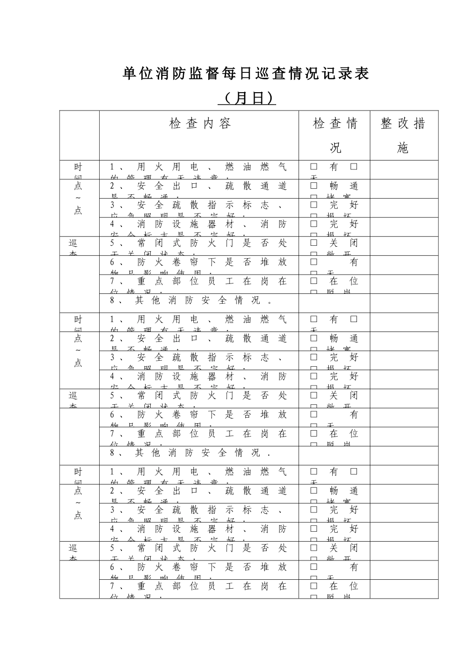 宾馆消防监督每日巡查情况记录表完美版_第1页