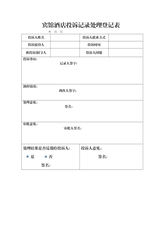 宾馆酒店投诉表