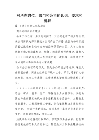 对所在岗位部门和公司的认识要求和建议