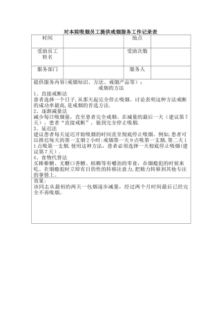 对本院吸烟员工提供戒烟服务工作记录表
