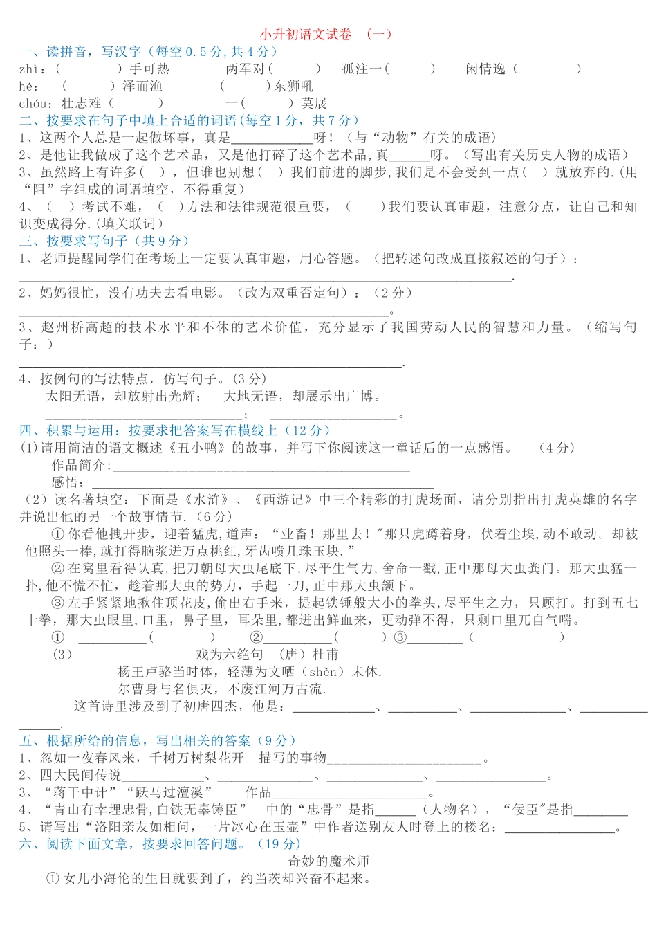 小升初复习试卷及答案_第1页