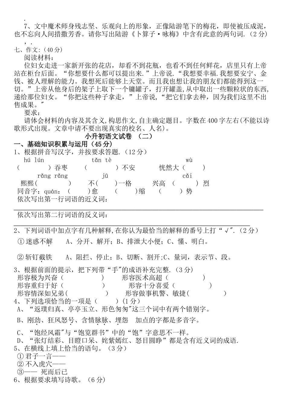 小升初语文测试卷(含答案)_第3页