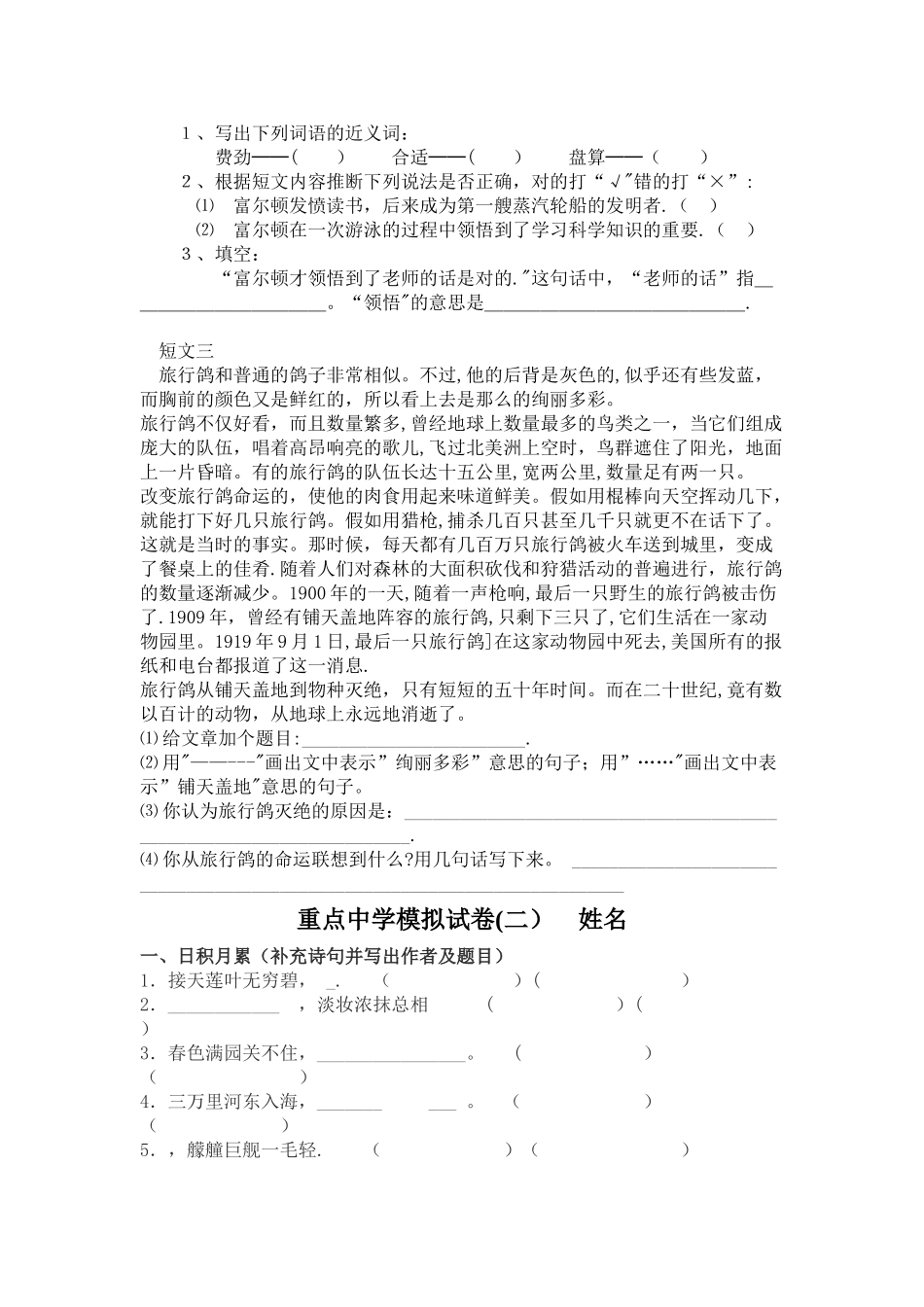 小升初重点中学模拟试卷_第3页