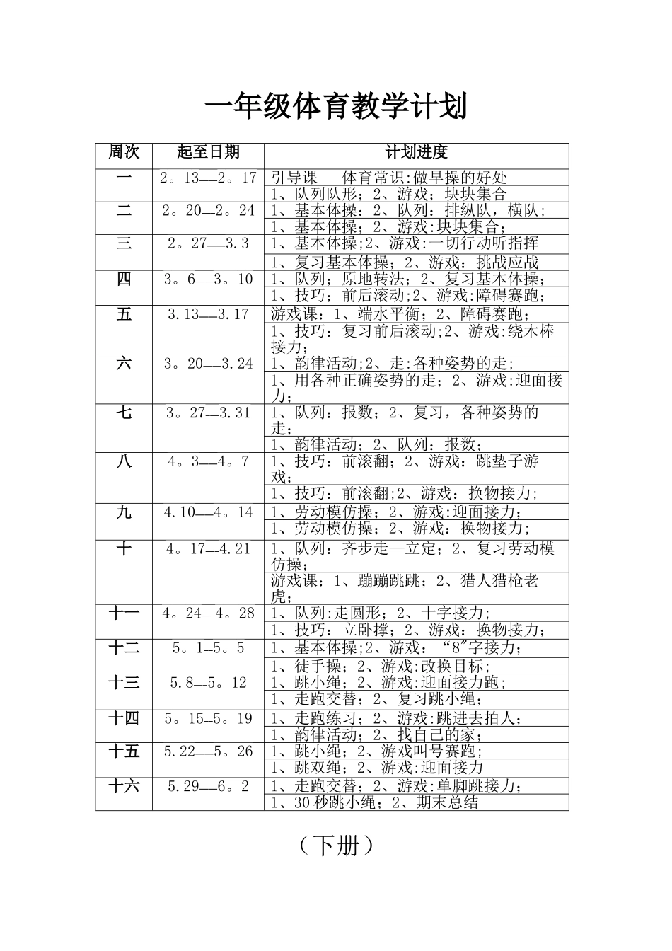 小学一年级下学期体育教学计划_第3页