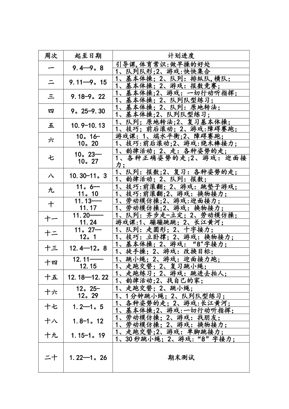 小学一年级体育教学进度表_第2页