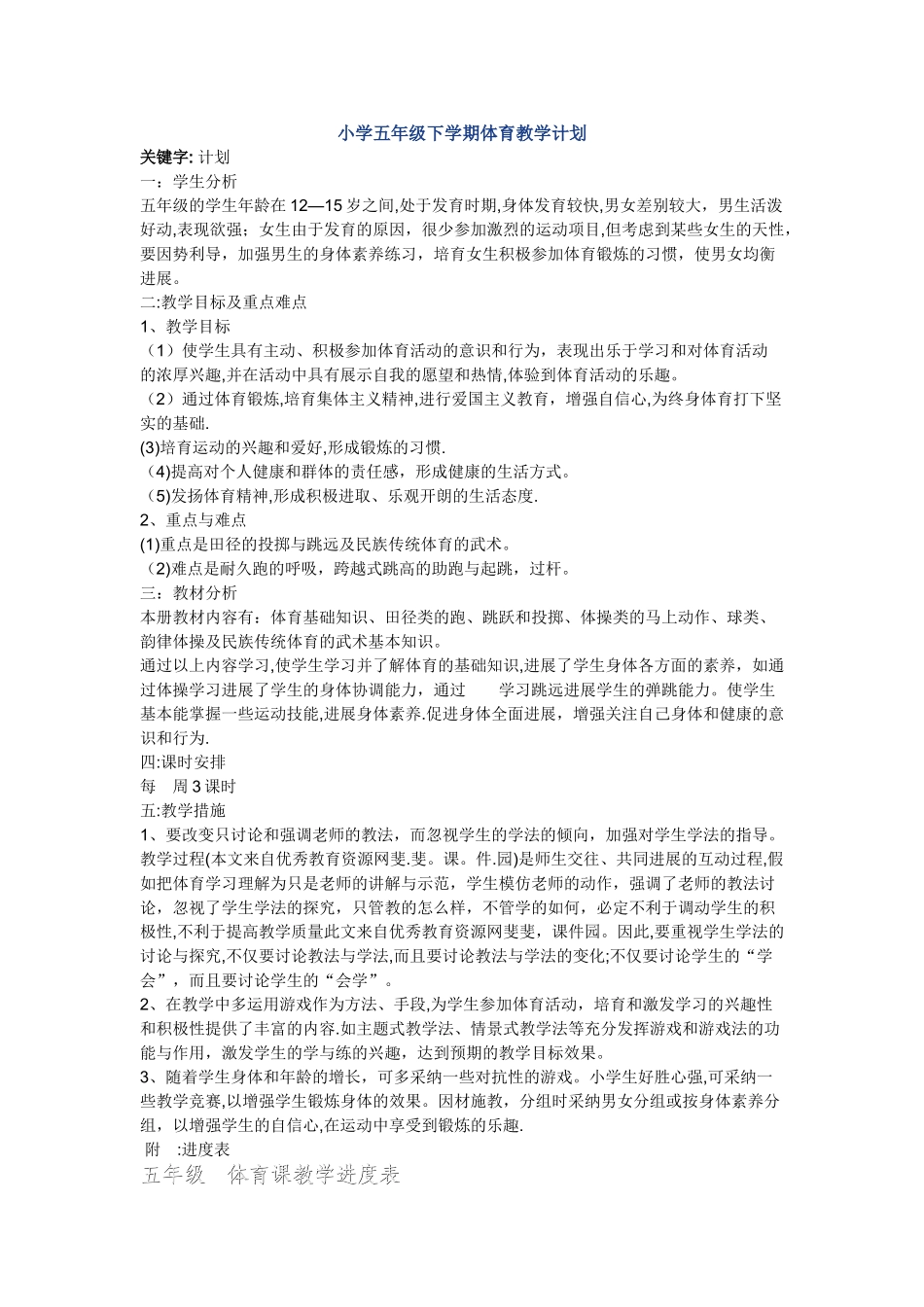 小学五年级下学期体育教学计划_第1页