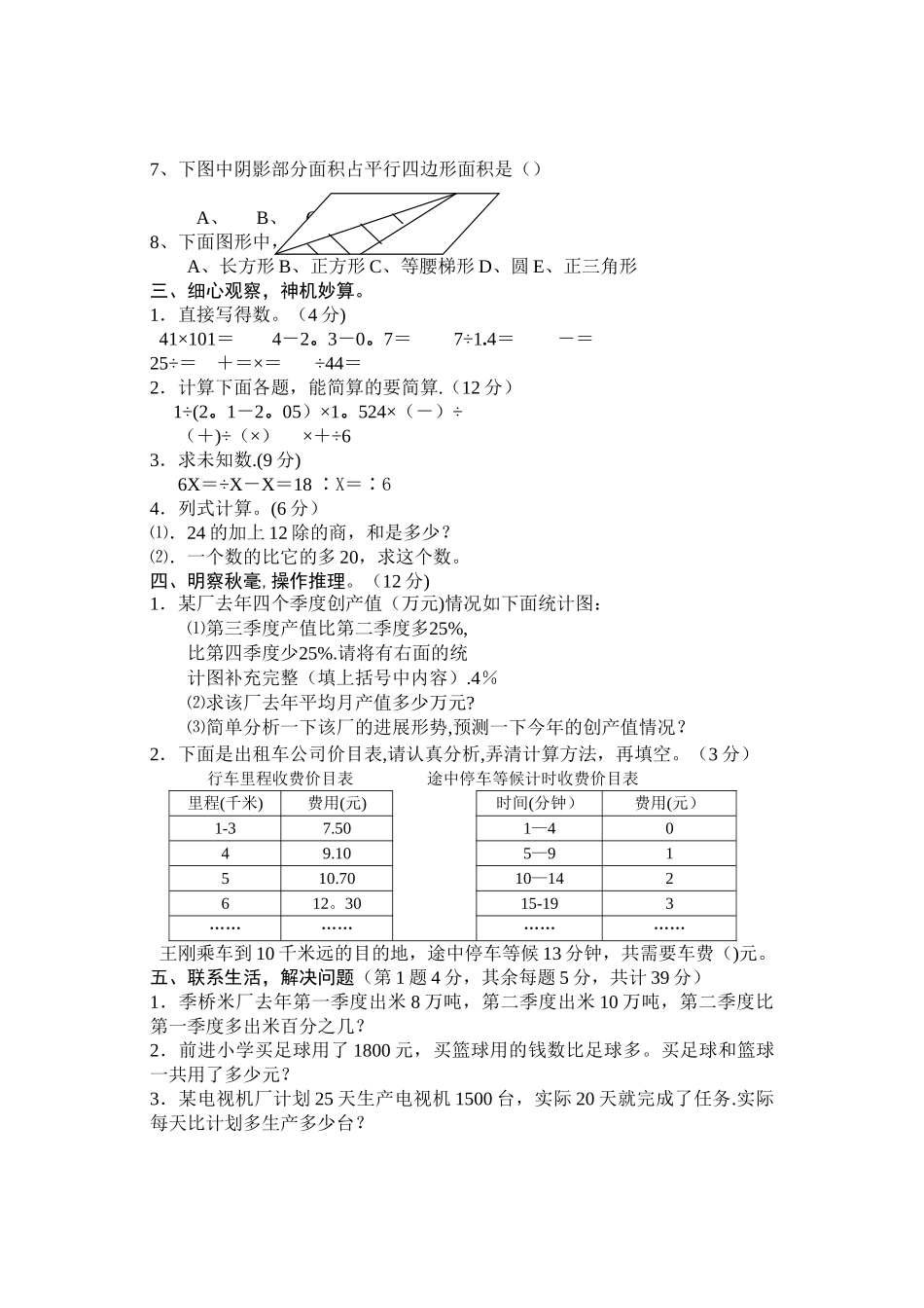 小学六年级数学毕业模拟试卷_第2页