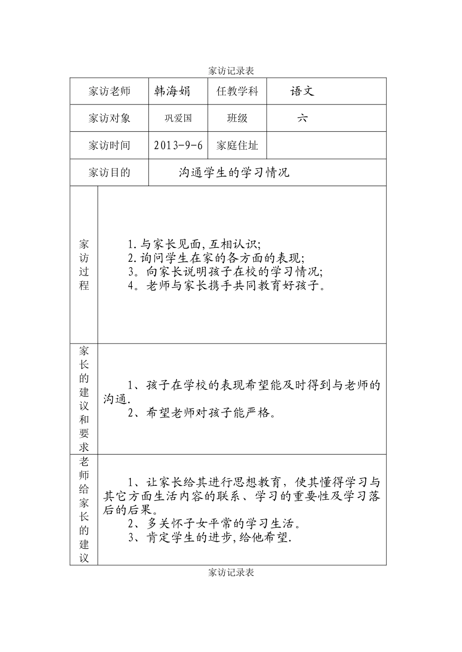 小学家访记录表_第1页