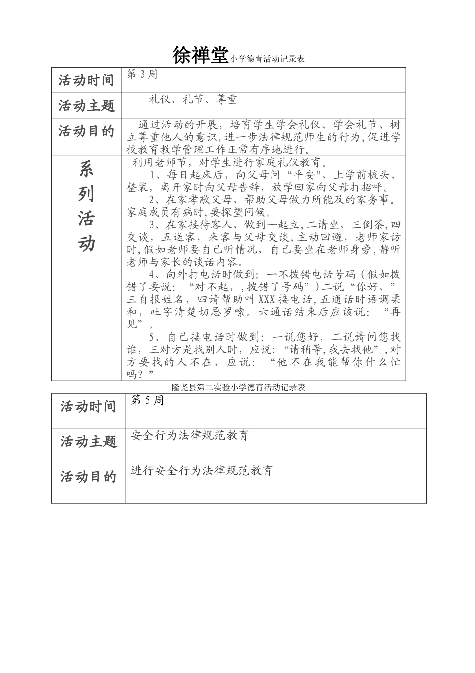 小学德育活动记录表(样表)_第1页