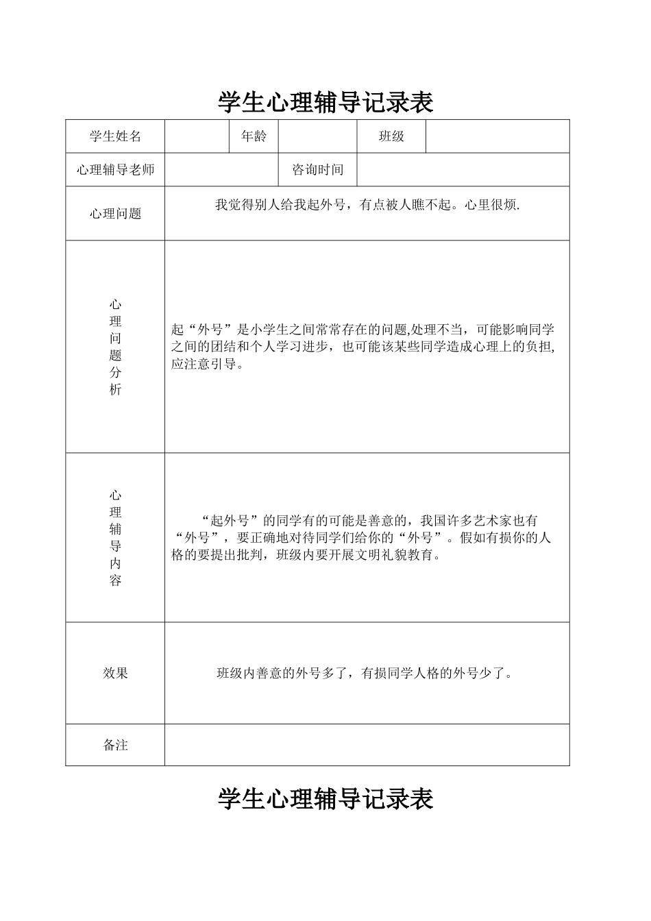 小学心理咨询心理疏导记录表_第1页