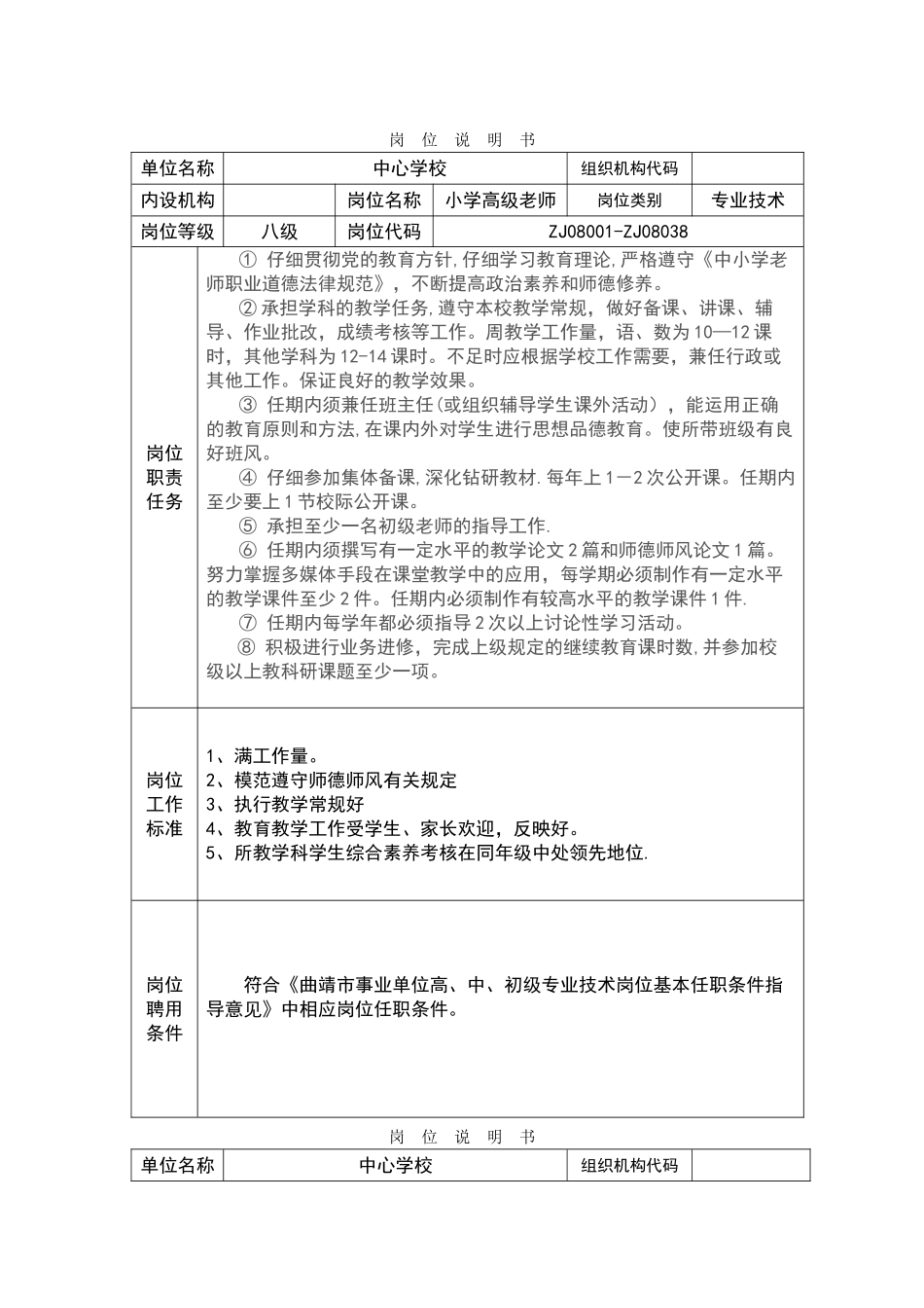 小学教师岗位说明书_第1页