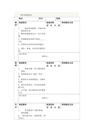 小学教师教学常规检查表
