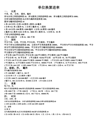 小学数学单位换算进率表大全