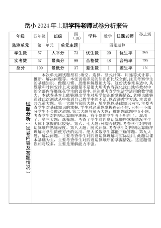 小学数学四年级下册各单元试卷分析报告