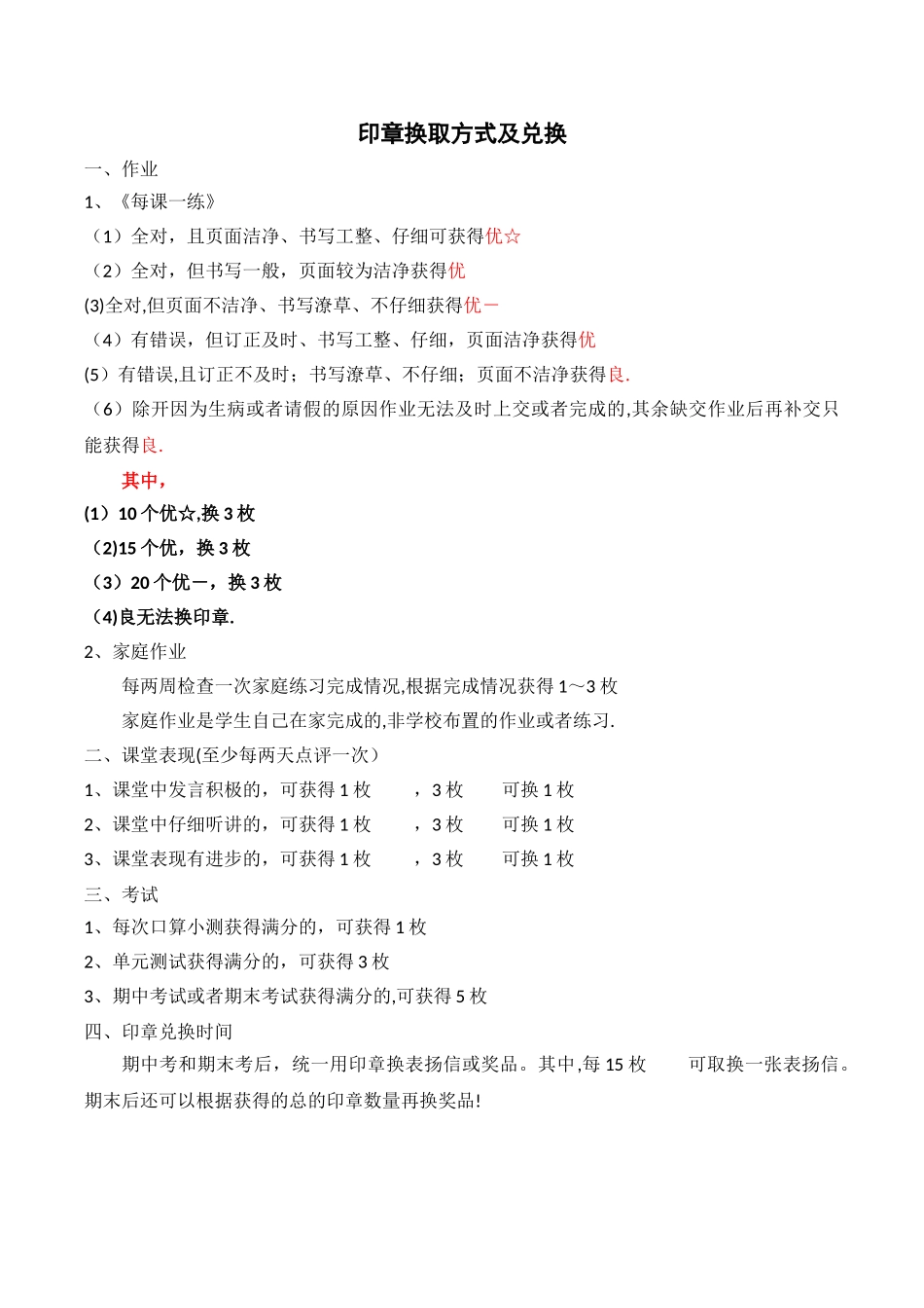 小学数学课堂和练习综合奖励制度_第1页