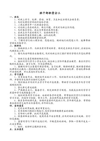 小学班干部职责分工表