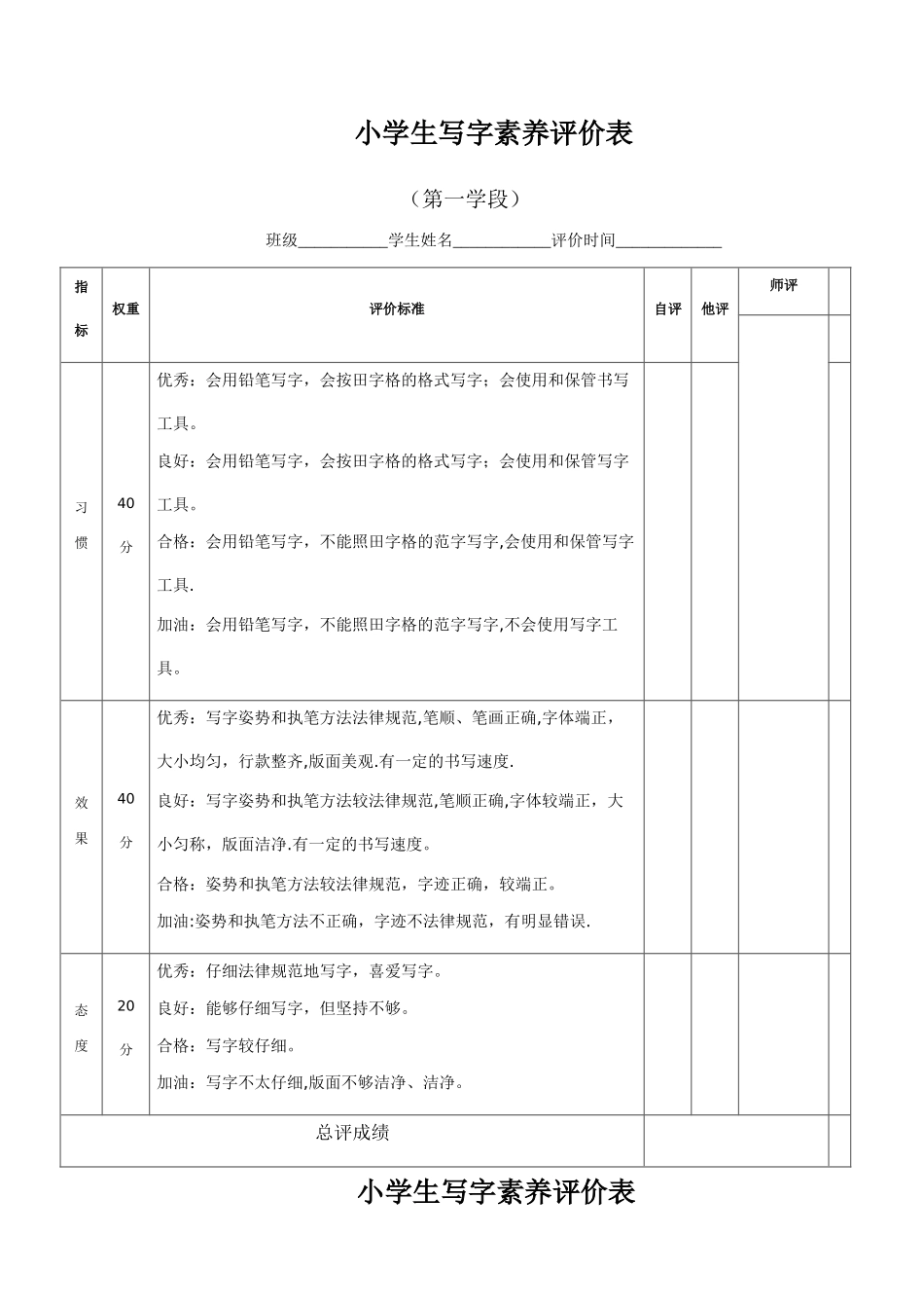 小学生写字素养评价表_第1页