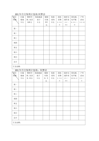 小学生家庭劳动计划表