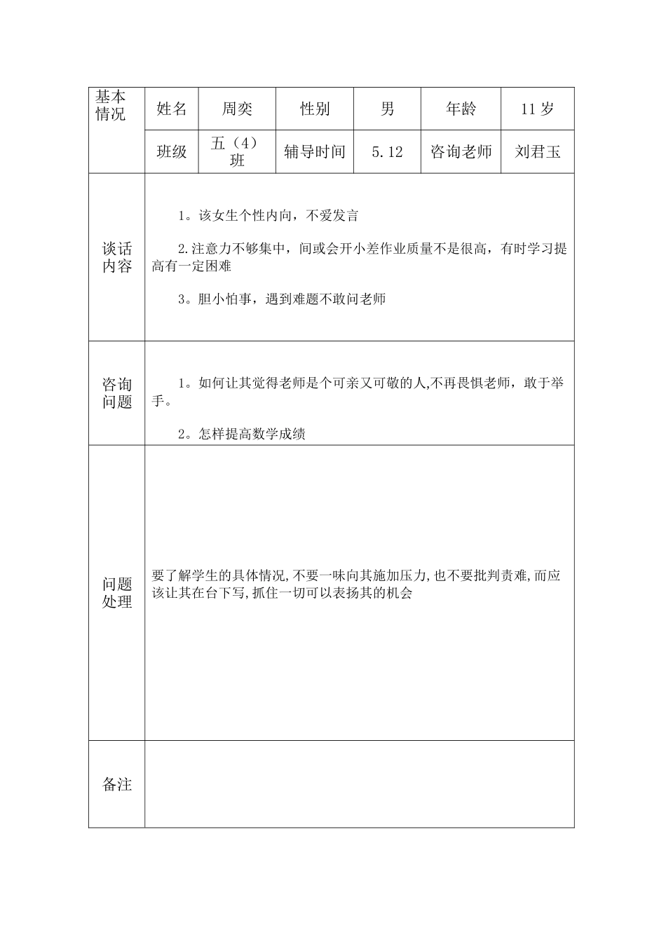 小学生心理健康咨询个案辅导记录表_第2页