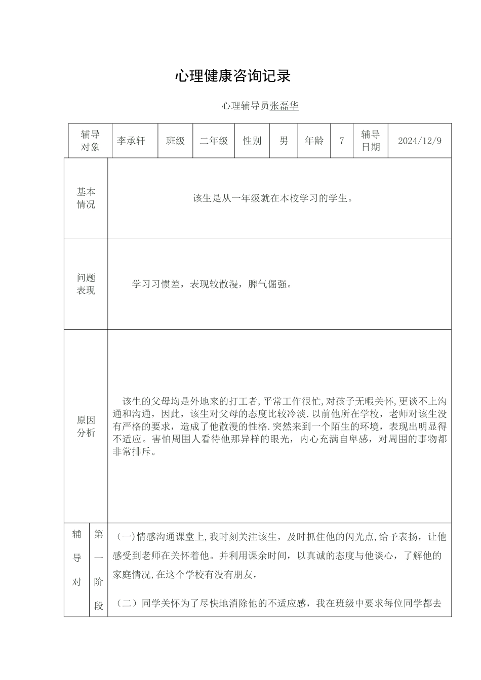 小学生心理健康教育辅导记录表_第1页