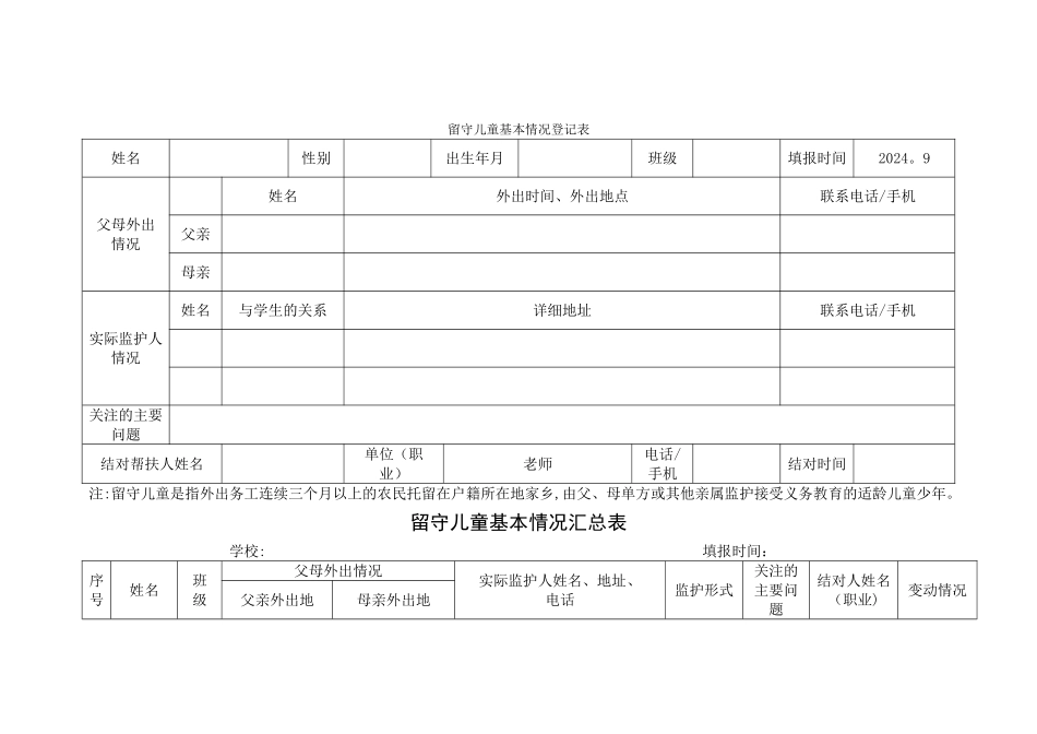 小学留守儿童基本情况登记表-及-汇总表_第1页