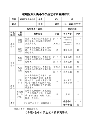 小学艺术素质测评表