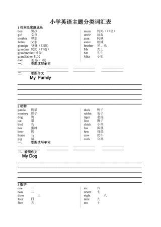 小学英语主题分类词汇表