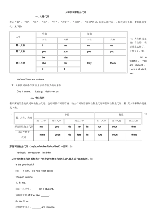 小学英语人称代词和物主代词的表格及试题