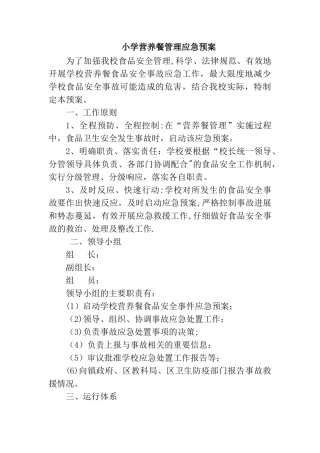 小学营养餐管理应急预案