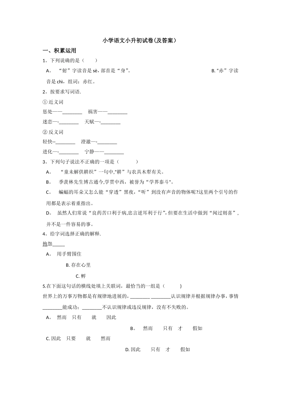 小学语文小升初试卷_第1页