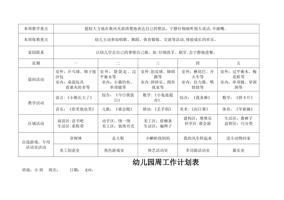 小班幼儿园周工作计划表_第2页