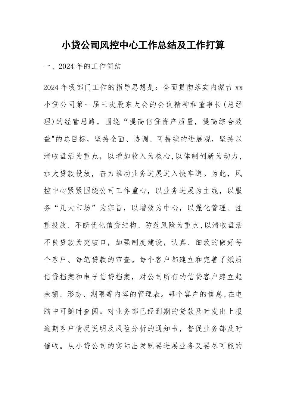 小贷公司风控中心工作总结及工作打算_第1页