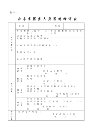 山东省医务人员医德考评表