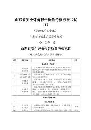 山东省危险化学品安全评价报告质量考核标准