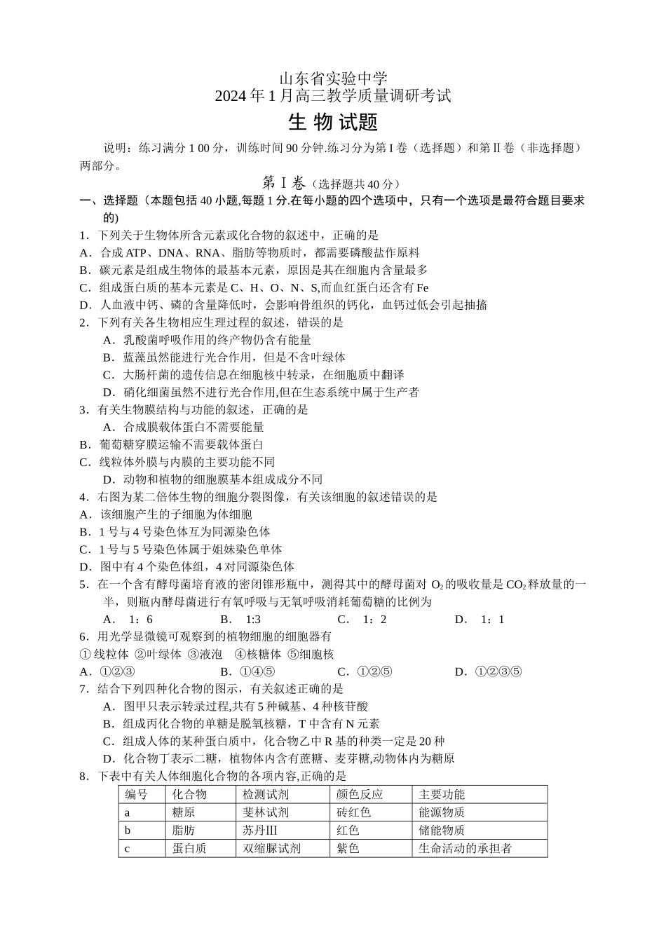 山东省实验中学2024年1月高三教学质量调研考试生物试题_第1页